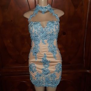 Rare nude & Blue  Rinestone Mini dress